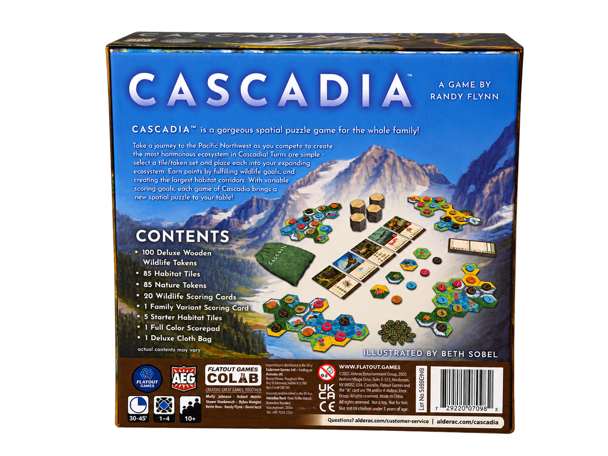Cascadias ask bakifrån med innehållsförteckning, spelaruppställning och uppgifter om spelarantal, speltid och ålder.