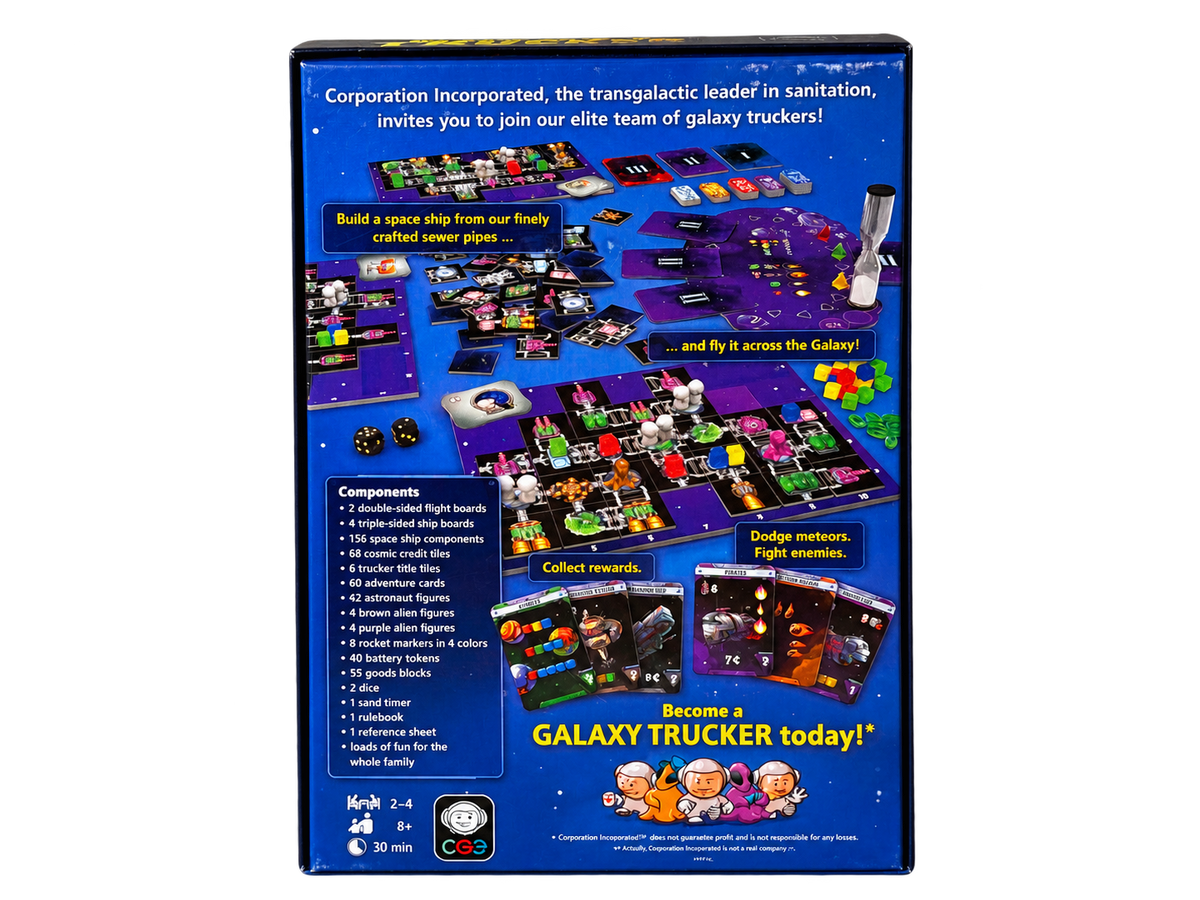 Galaxy Truckers ask bakifrån med komponentlista, spelarantal 2–4, ålder 8+ och speltid 30 minuter.