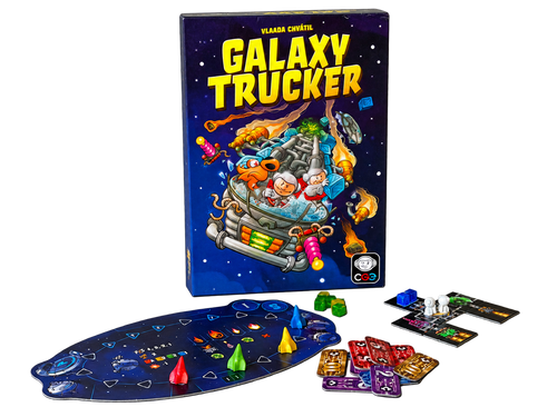 Galaxy Truckers ask med flygbräda, raketer, skeppsbrickor och kreditmarker, frilagda utan bakgrund.