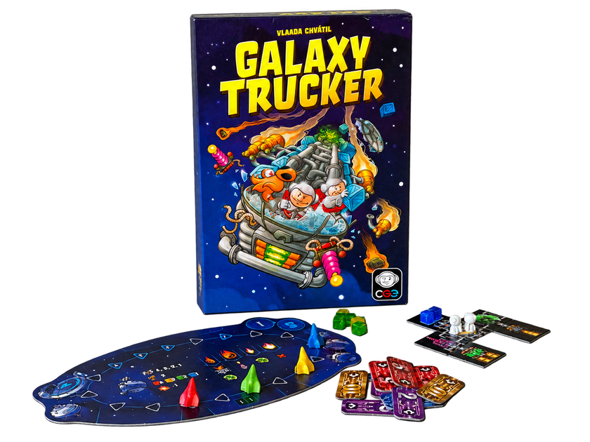 Galaxy Truckers ask med flygbräda, raketer, skeppsbrickor och kreditmarker, frilagda utan bakgrund.