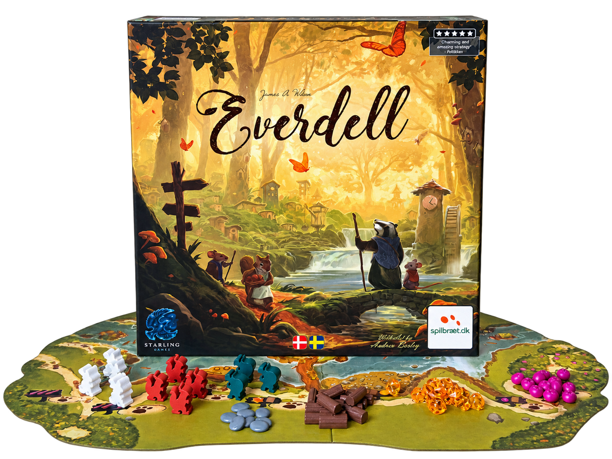 Everdells ask med spelplanen utlagd framför och pjäser och resurser på den.