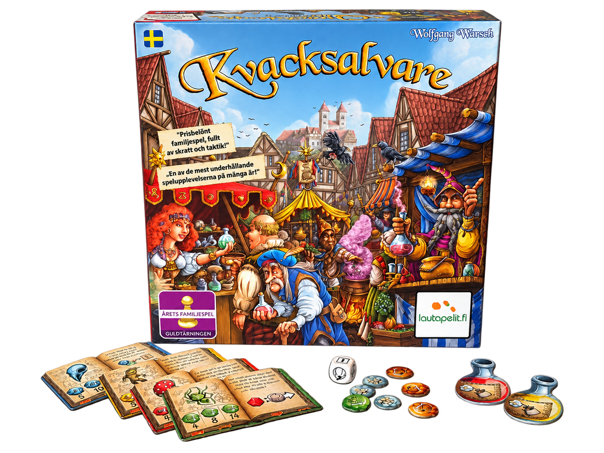 Kvacksalvares ask med ingrediensböcker, tärning, brickor och två flaskor, frilagda utan bakgrund.
