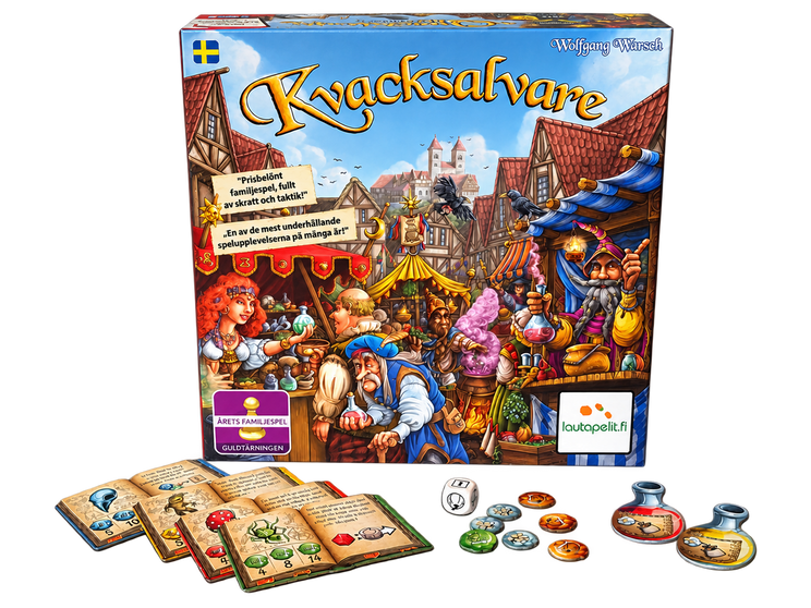 Kvacksalvares ask med ingrediensböcker, tärning, brickor och två flaskor, frilagda utan bakgrund.