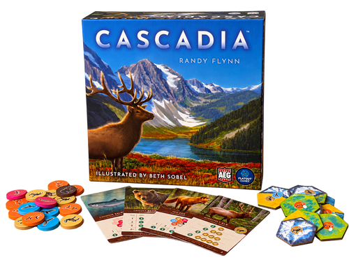 Cascadias ask med spelbrickor, trädjur och poängkort utlagda framför, frilagda utan bakgrund.