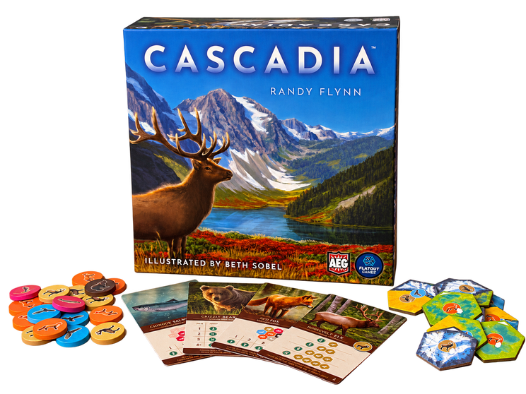 Cascadias ask med spelbrickor, trädjur och poängkort utlagda framför, frilagda utan bakgrund.