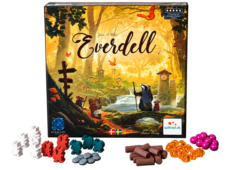 Everdells ask med spelpjäser i trä och resurser utlagda framför, frilagda utan bakgrund.